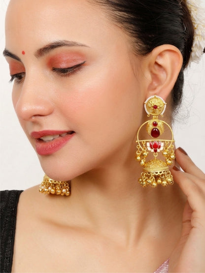 Gold-Plated Artificial red Stones Studded And Beaded Dome Shaped Jhumkas