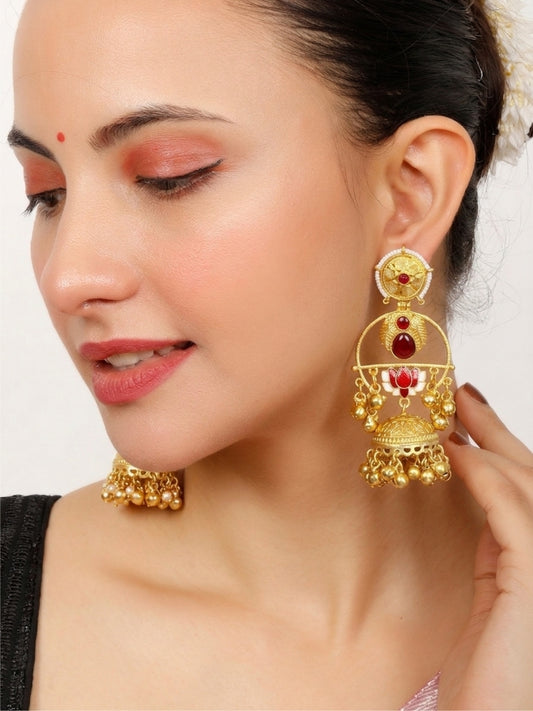 Gold-Plated Artificial red Stones Studded And Beaded Dome Shaped Jhumkas