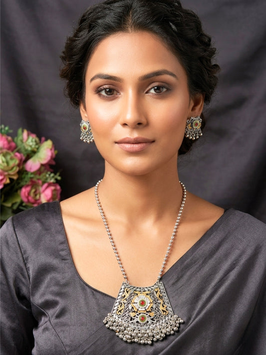 Women Oxidised Silver-Plated Floral Pendant Necklace set
