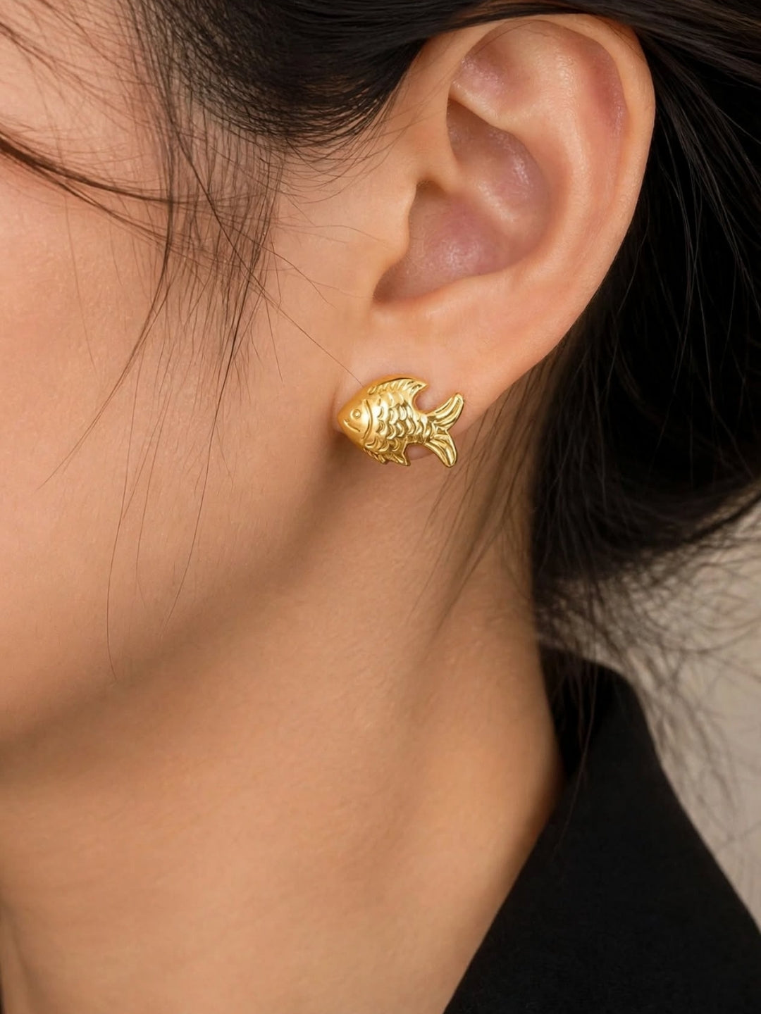 Gold-Plated Fish Motif Textured Stud Earrings