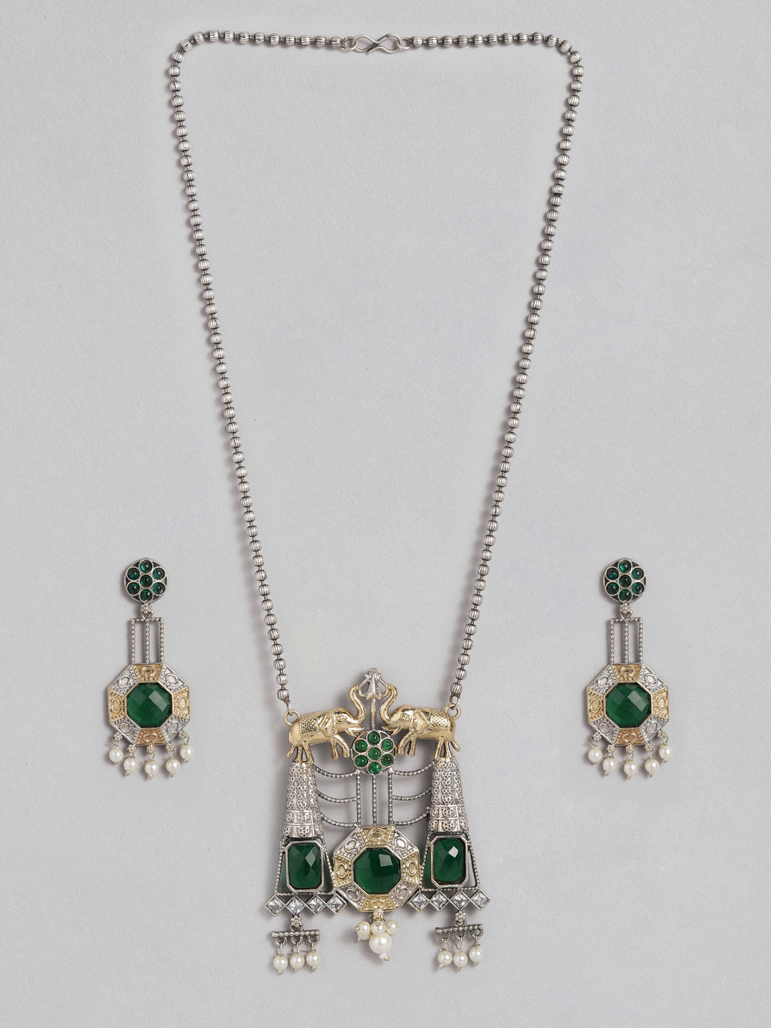 VIVAZS Dual Tone Green Emerald Studded Oxidised Necklace  Set