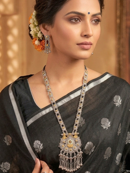 Women Oxidised Silver-Plated & Gold-Toned Stone Studded Long Pendant Necklace Jewellery Set