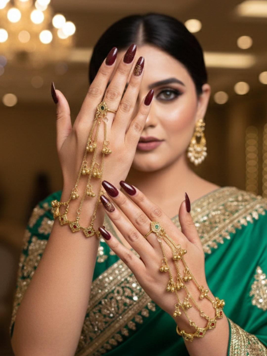 VIVAZS Gold-Plated Kundan Ring Bracelet With Hathphool