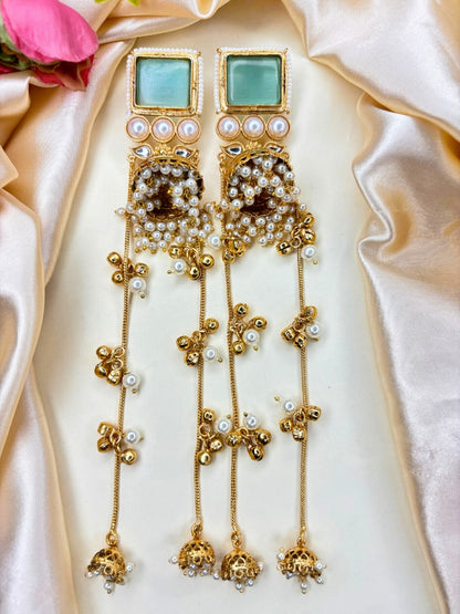 Gold-Plated Red Kundan Stone Long  Kashmiri Drop Earrings