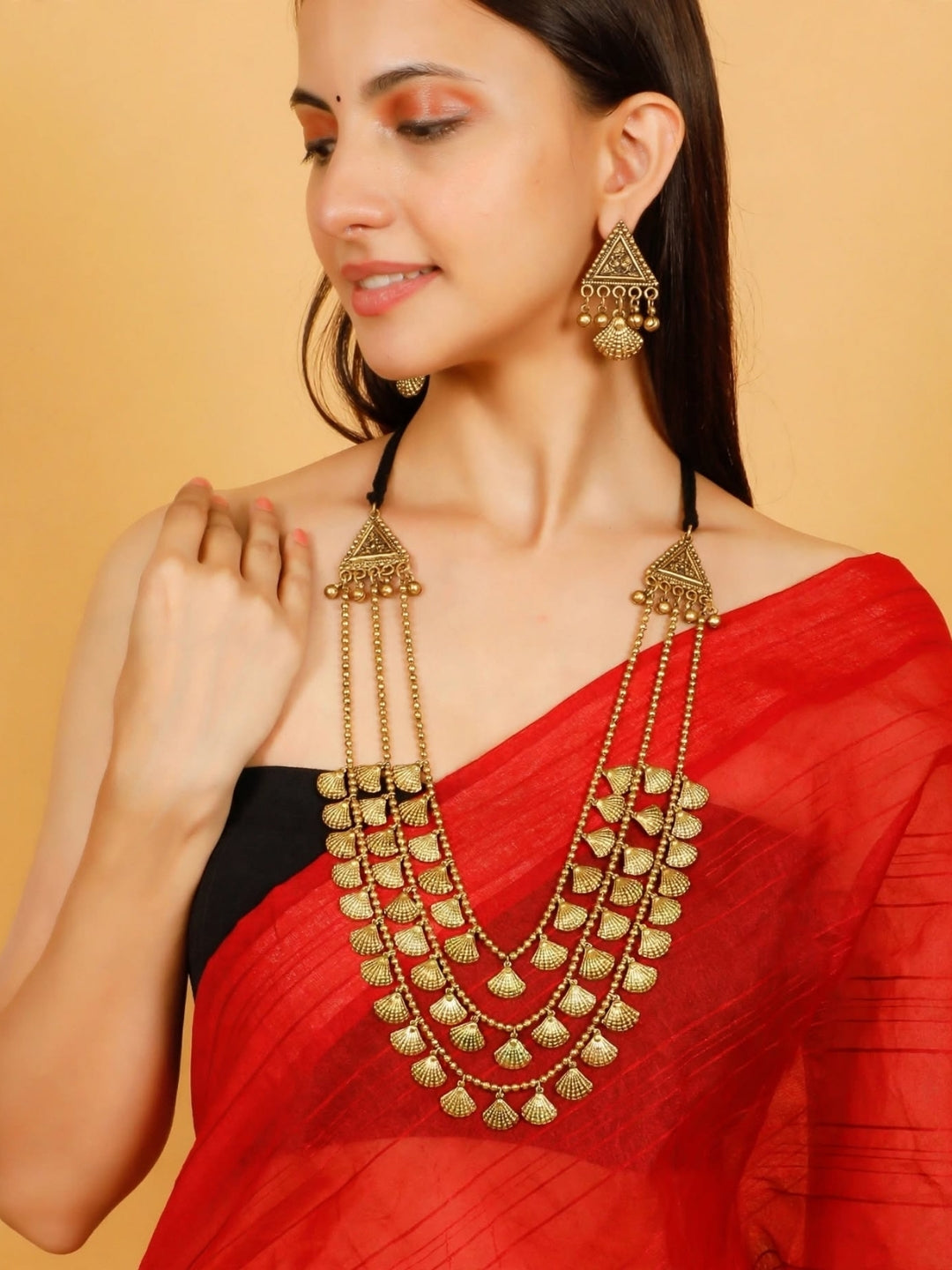 Gold Plated Antique Layered Shell Charm Long Necklace Jewellery Set