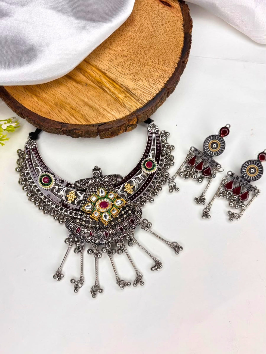 Silver-Plated Oxidised Red Stone-Studded Statement Necklace Set
