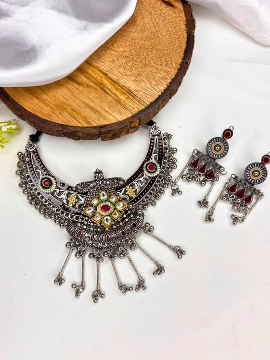 Silver-Plated Oxidised Red Stone-Studded Statement Necklace Set