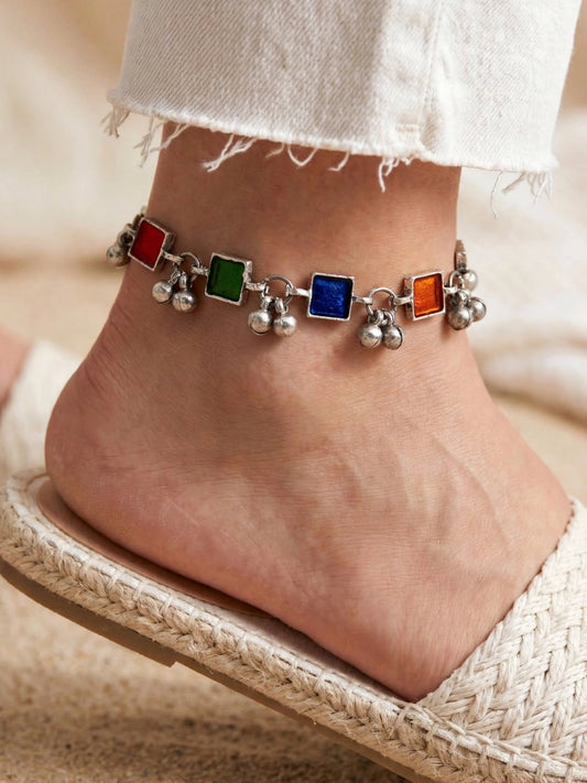 Oxidised Silver-Toned Multicolour Square Stone Ghungroo Anklet