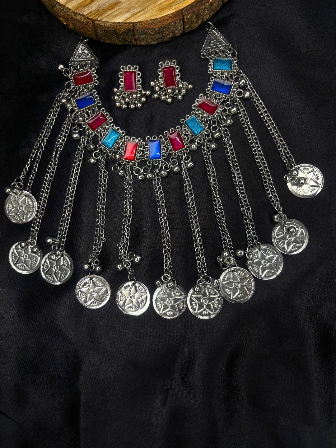 Oxidised Silver-Plated Multicolour Stone Embellished Statement Choker Necklace Jewellery Set (Copy)