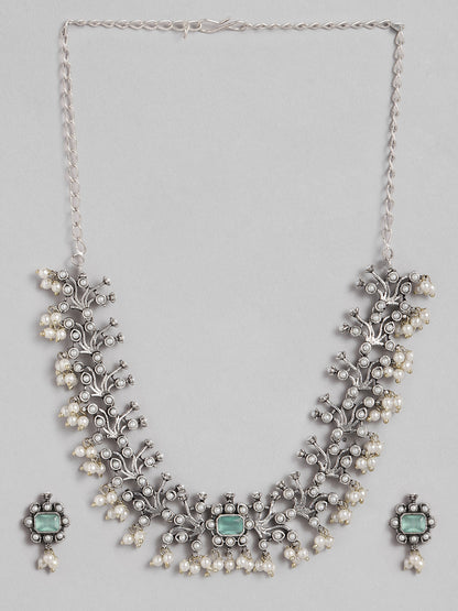 VIVAZS Silver-Toned Kundan Stone-Studded & Beaded Oxidised Jewellery Set