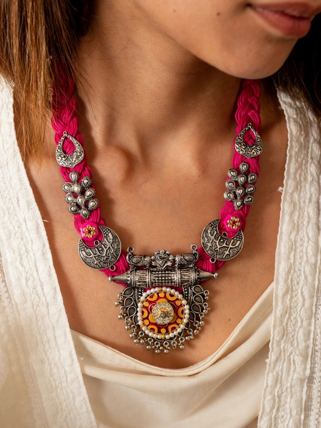 German Silver Floral & Peacock Charm Statement Bohemian Meenakari Magenta Jute Necklace