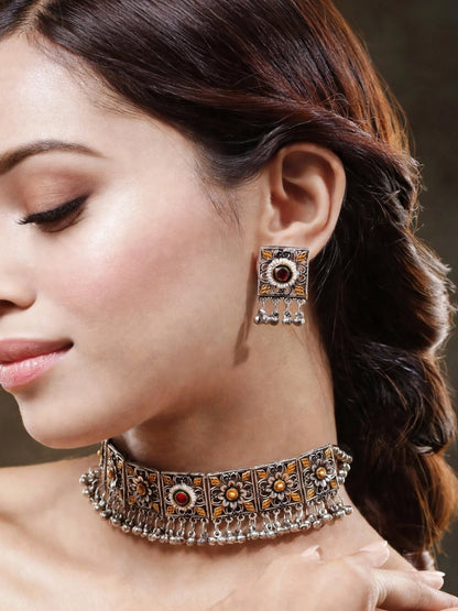 Oxidised Silver-Plated Dual-Tone Floral Statement Choker Necklace Jewellery Set
