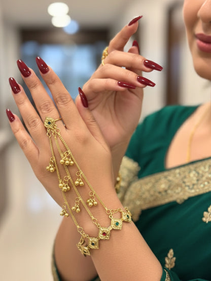 VIVAZS Gold-Plated Kundan Ring Bracelet With Hathphool