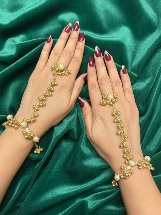 VIVAZS Gold-Plated Pearl Ring Bracelet With Hathphool