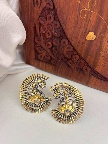Oxidised Silver-Plated Peacock Design Gold-Toned Statement Stud Earrings