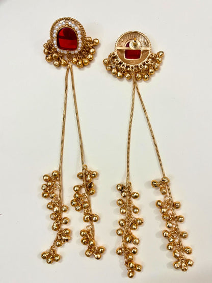 VIVAZS Kashmiri Long Drop Earrings (Red stone)