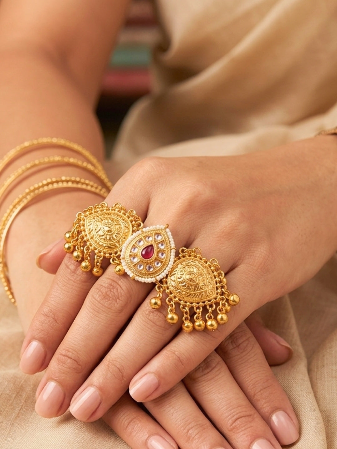 Gold-Plated Green Kundan Stone Ghungroo Statement Adjustable Finger Ring