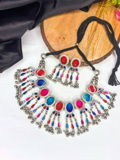 Silver-Plated Oxidised Meenakari Statement Necklace Set