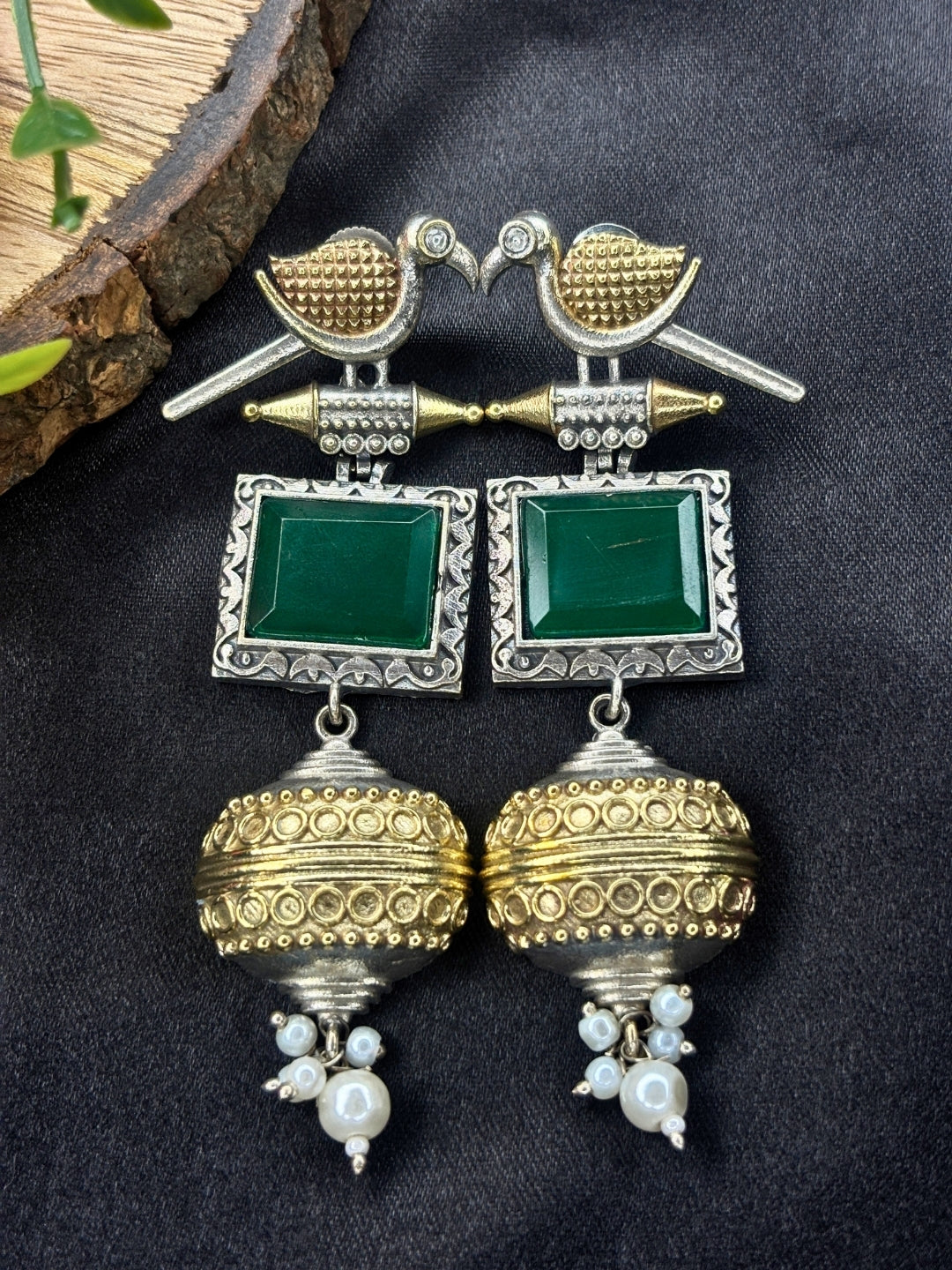 Silver & Gold Dual-Plated Oxidised Long Green Stone Contemporary Bird Jhumkas Earrings