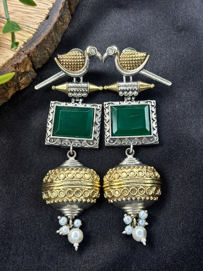 Silver & Gold Dual-Plated Oxidised Long Green Stone Contemporary Bird Jhumkas Earrings
