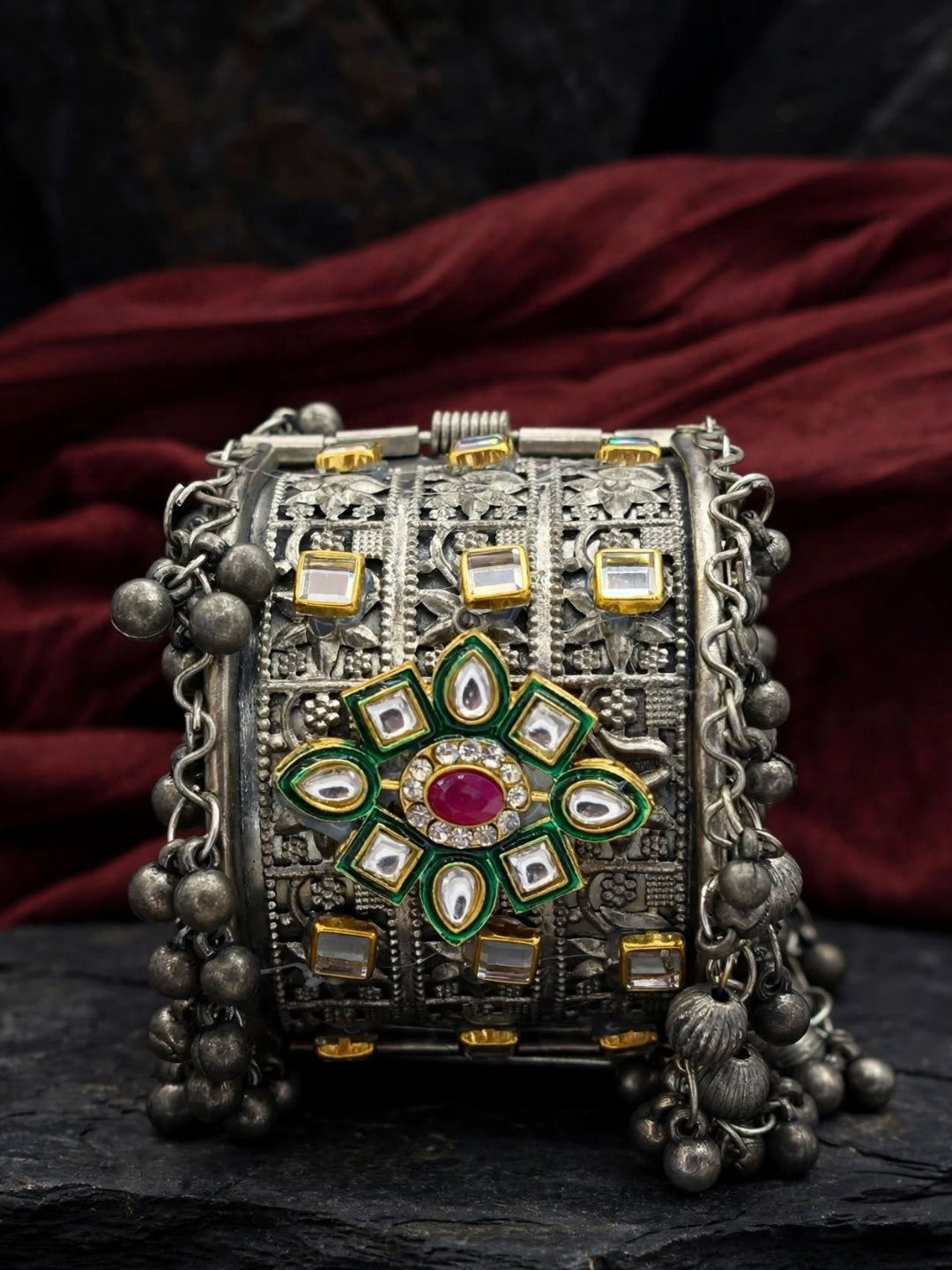 Silver-Plated Oxidised Kundan Meenakari Ghungroo Kada Bangle Bracelet
