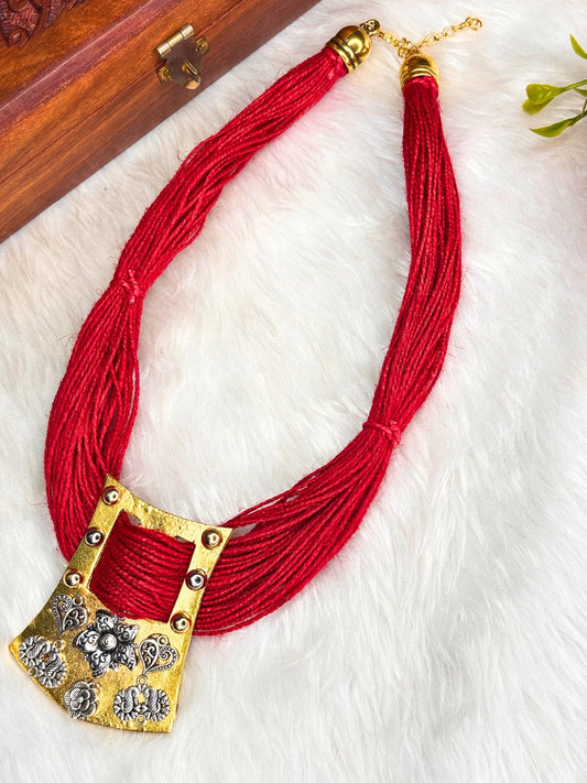 Gold-Plated Oxidised Statement Red Thread Jute Necklace