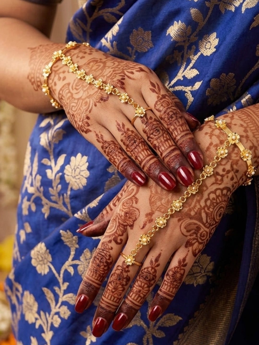 Gold-Plated Floral Pearl Adjustable Bracelet with Finger Ring Hand Harness Hathphool