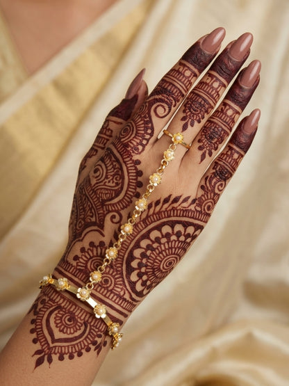 Gold-Plated Floral Pearl Adjustable Bracelet with Finger Ring Hand Harness Hathphool