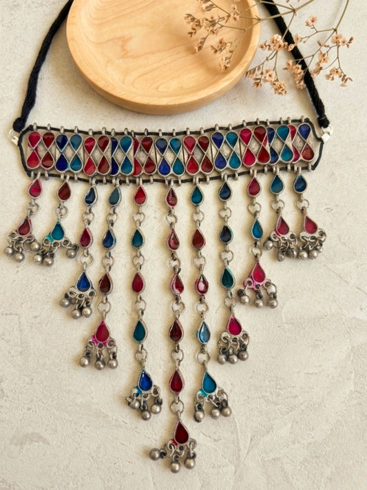 Oxidised Silver Multi-Colour Stone Choker Necklace