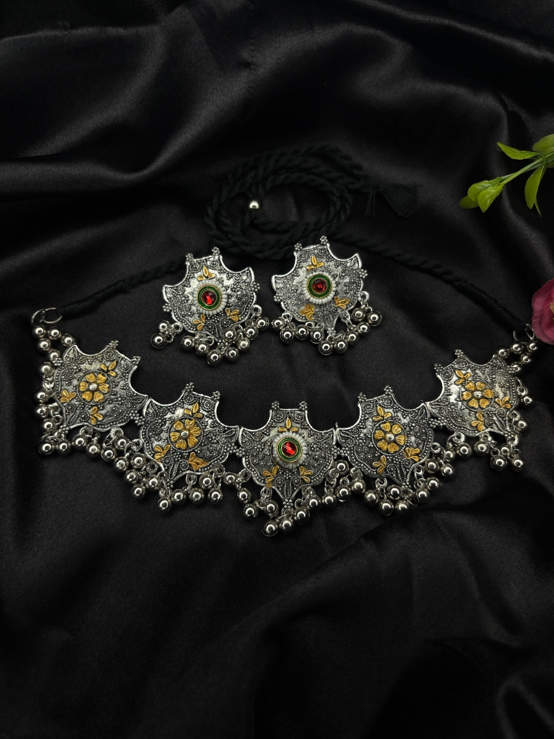 Oxidised Silver-Plated Dual-Tone Floral Statement Choker Necklace Jewellery Set