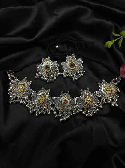 Oxidised Silver-Plated Dual-Tone Floral Statement Choker Necklace Jewellery Set