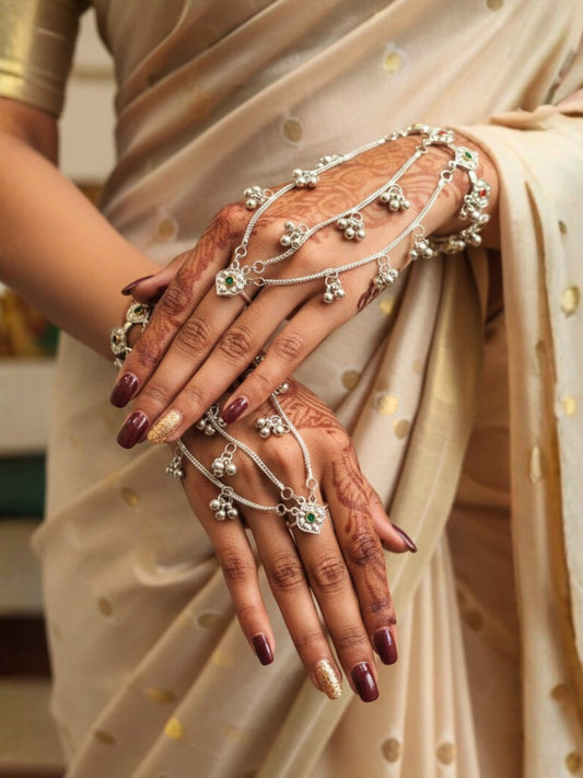 VIVAZS Silver-Plated Kundan Ring Bracelet With Hathphool