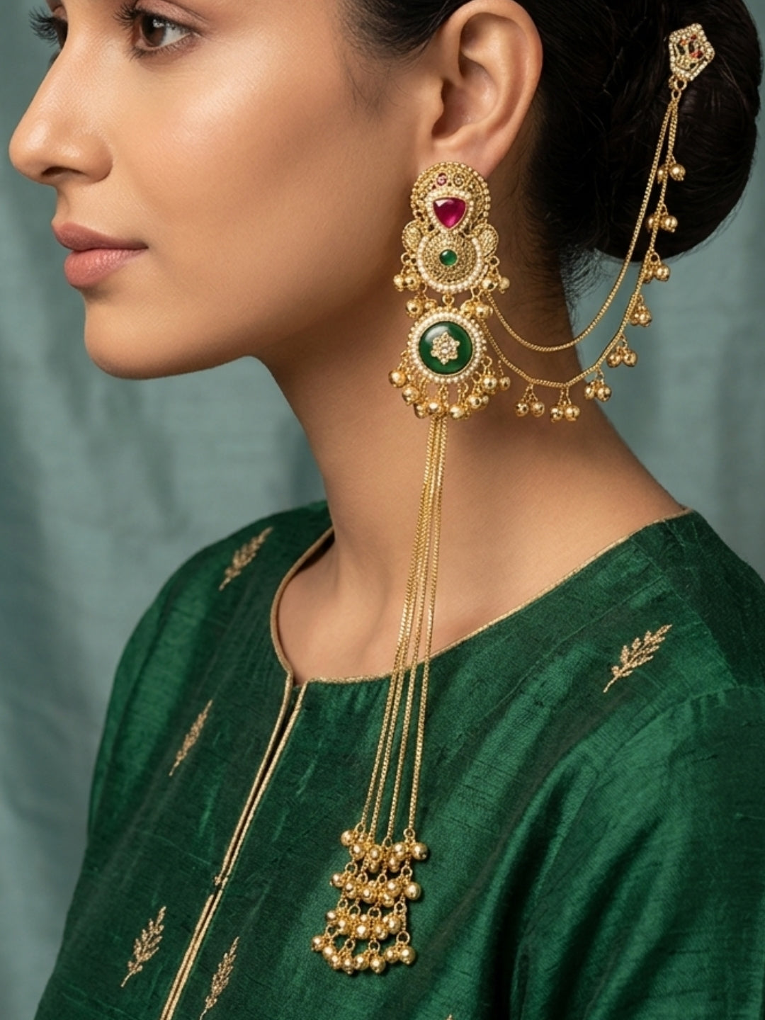 Set Of 2 Gold-Plated Peacock Shaped Kundan & Ghungaroo Studded Kashmiri Drop Earrings