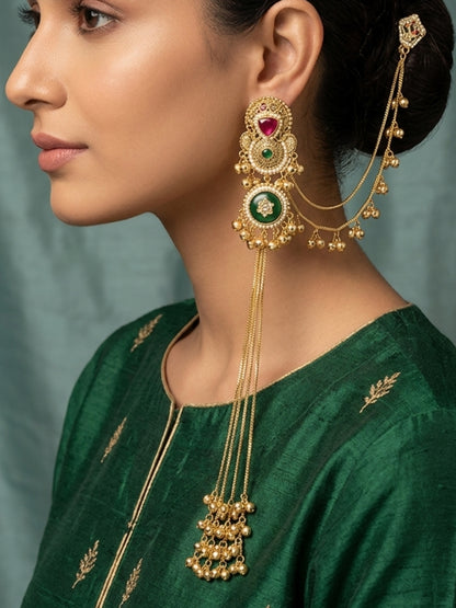 Set Of 2 Gold-Plated Peacock Shaped Kundan & Ghungaroo Studded Kashmiri Drop Earrings