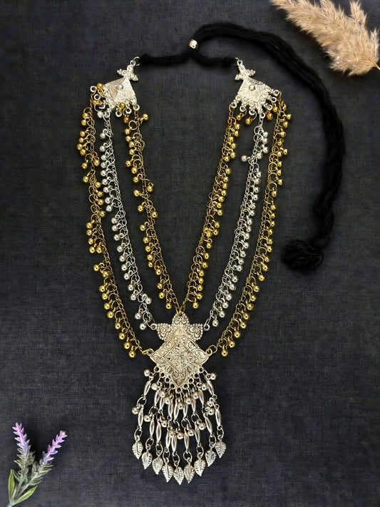 Dual-Tone Silver-Plated Oxidised Long Layered Necklace