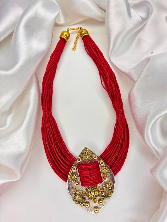 Gold-Plated Oxidised Statement Red Thread Jute Necklace