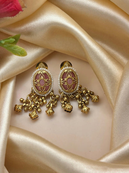 Gold-Plated Pink Kundan Stone Contemporary Stud Earrings