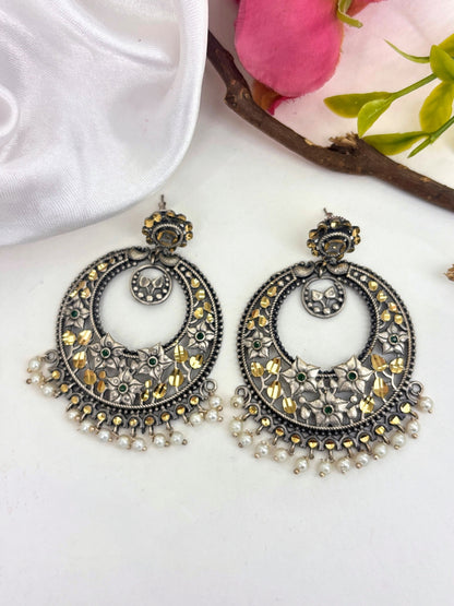 Oxidised Silver-Plated Floral Green Stone & Pearl Embellished Statement Chandbali Earrings