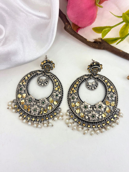 Oxidised Silver-Plated Floral Green Stone & Pearl Embellished Statement Chandbali Earrings