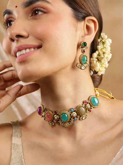 Gold-Plated Multicolour Stone Studded Traditional Choker Necklace Jewellery Set
