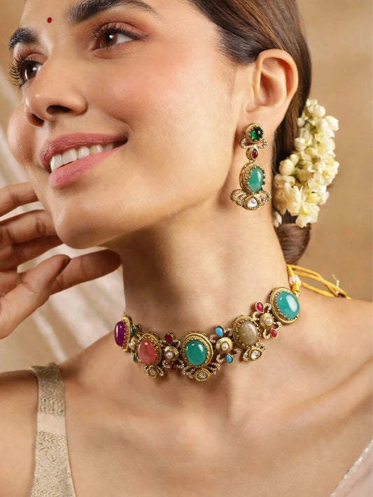 Gold-Plated Multicolour Stone Studded Traditional Choker Necklace Jewellery Set