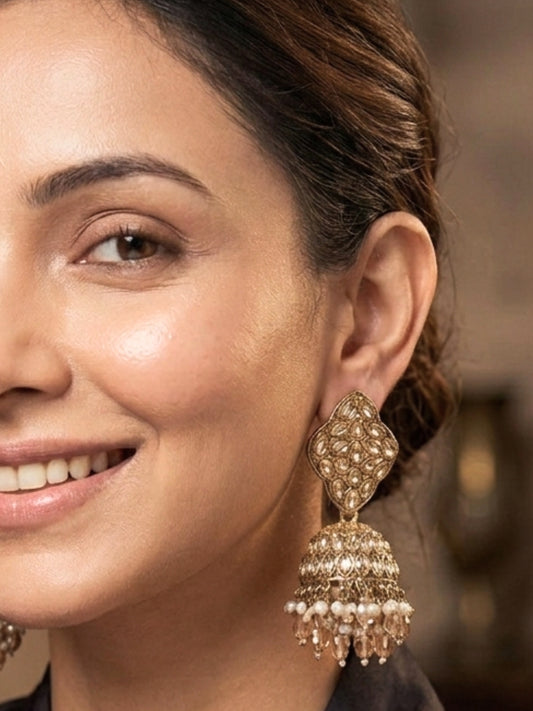 Gold-Plated Crystal Bead  Kundan-Style Jhumka Earrings