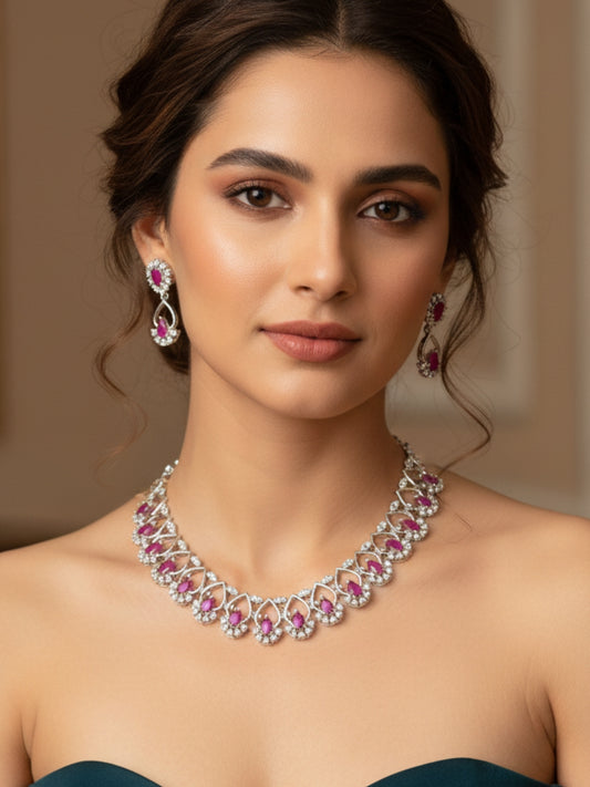 Rhodium-Plated White and Pink Ad & Cubic Zirconia Studded Jewellery Set