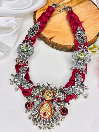 German Silver Floral Charm Statement Bohemian Meenakari Jute Necklace
