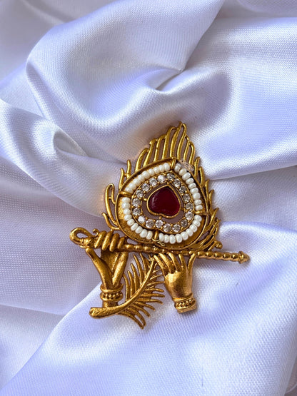 Gold-Plated Red AD stones Studded &  Peacock Feather shaped Adjustable Statement Ring