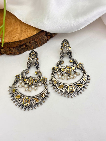 Oxidised Silver-Plated Floral & Pearl Embellished Statement Chandbali Earrings