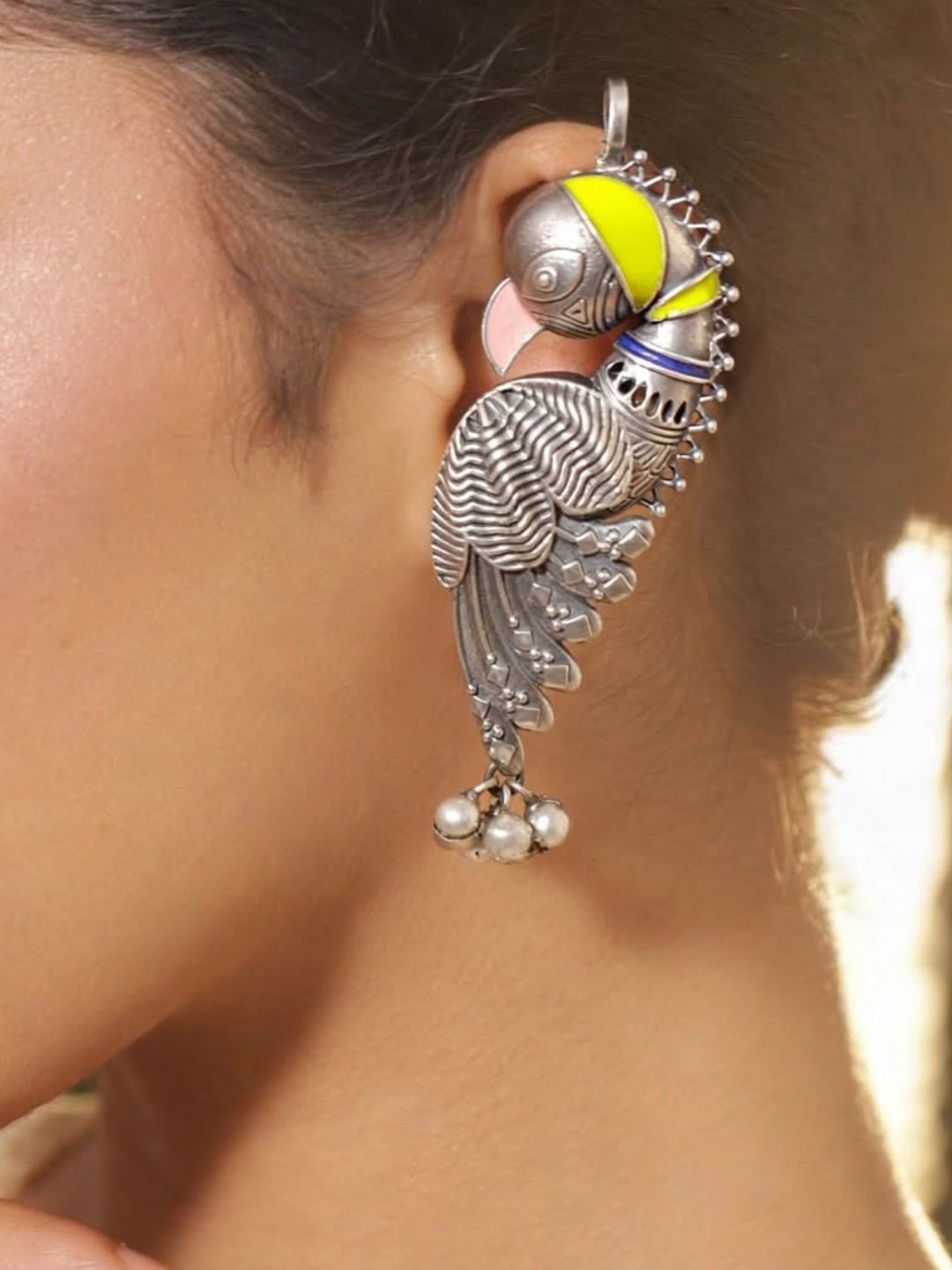 Oxidised Silver-Plated Multicolour Parrot Design Pearl Drop Statement Earcuff