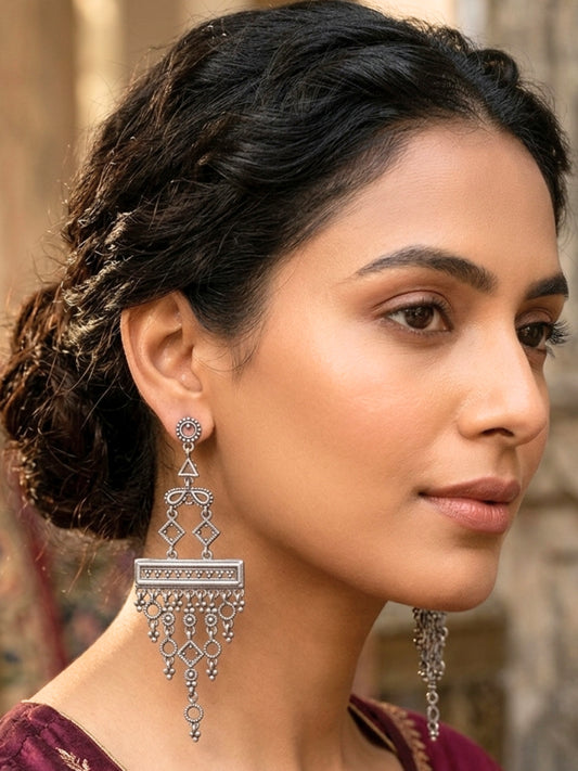 Oxidised Silver-Plated Geometric Contemporary Drop Earrings