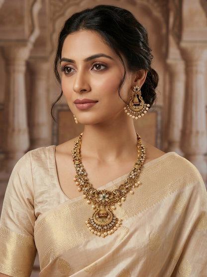 Gold-Plated Kundan Stone-Studded Peacock & Jhumka Pendant Necklace Jewellery Set