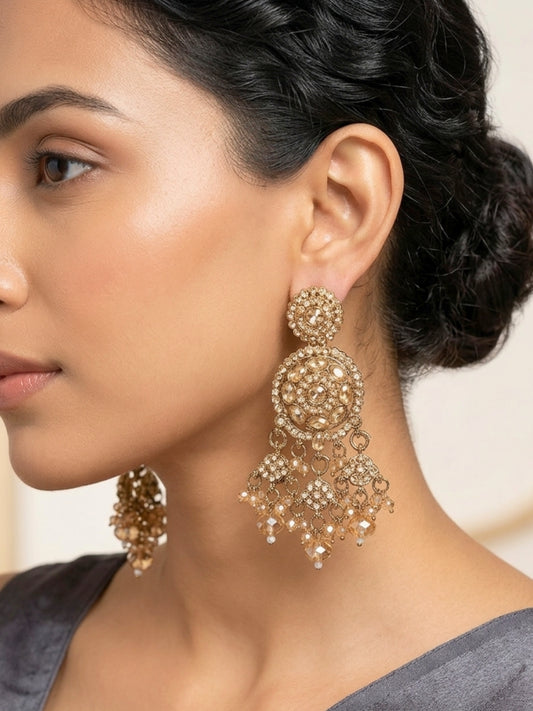 Gold-Plated Embellished Kundan Crystal Long Chandbali Jhumka Earrings